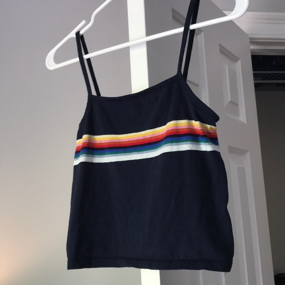 Navy blue rainbow stripe tank top.